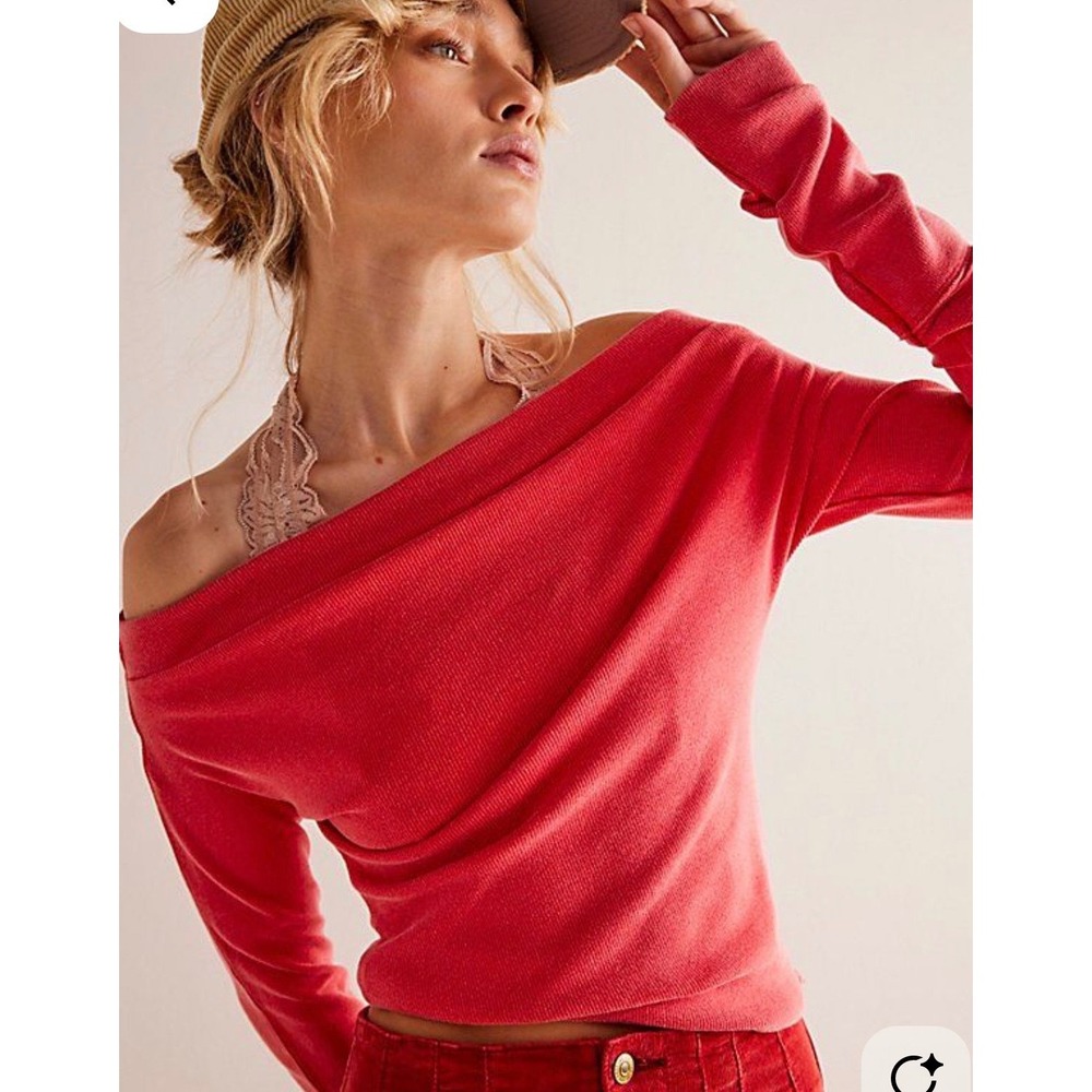 Free People We The Free Gigi Off Shoulder Ribbed Long Sleeve Top Red XS